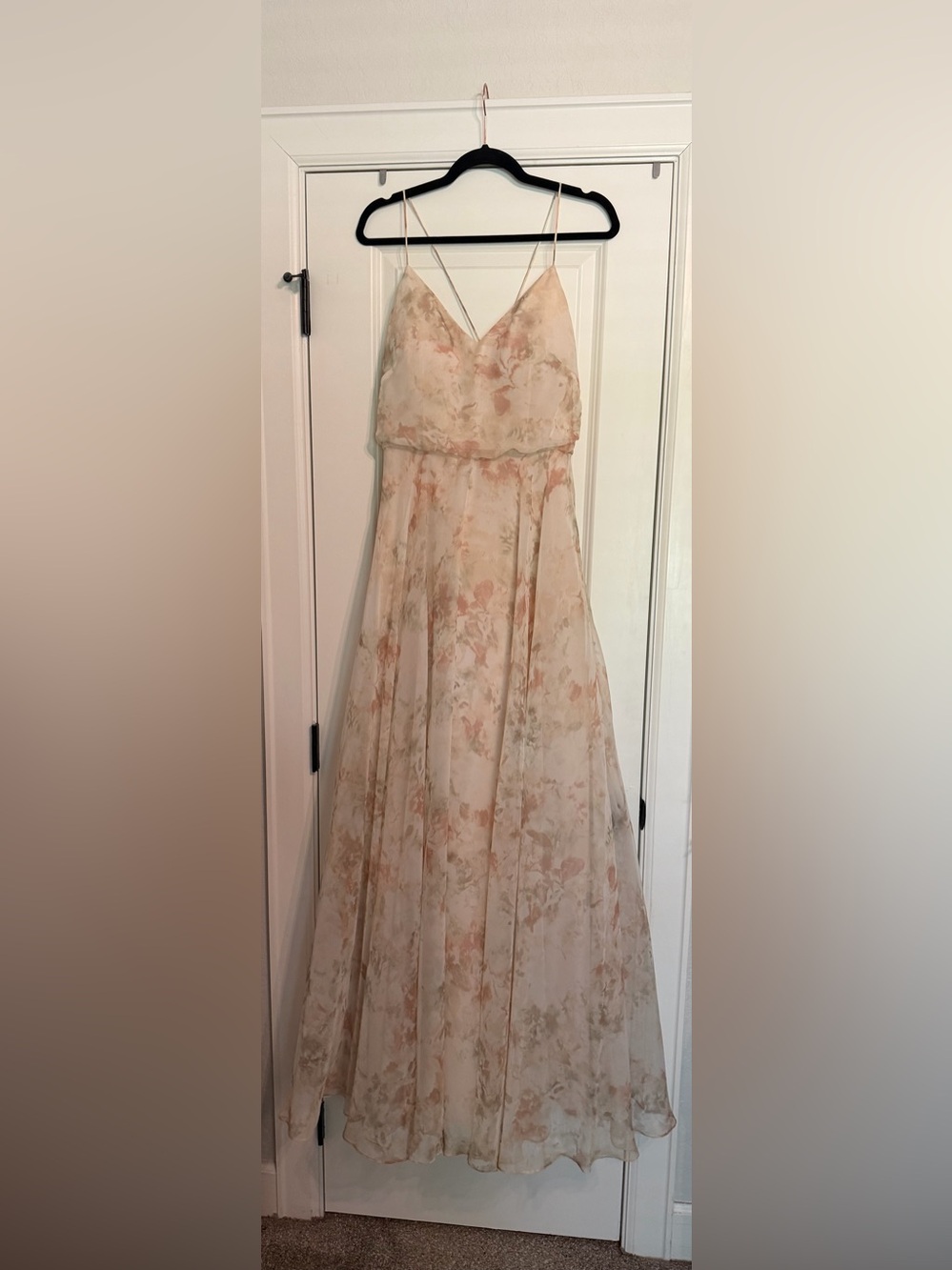Jenny Yoo Floral Chiffon Spaghetti Strap Gown in Blush and Ivory